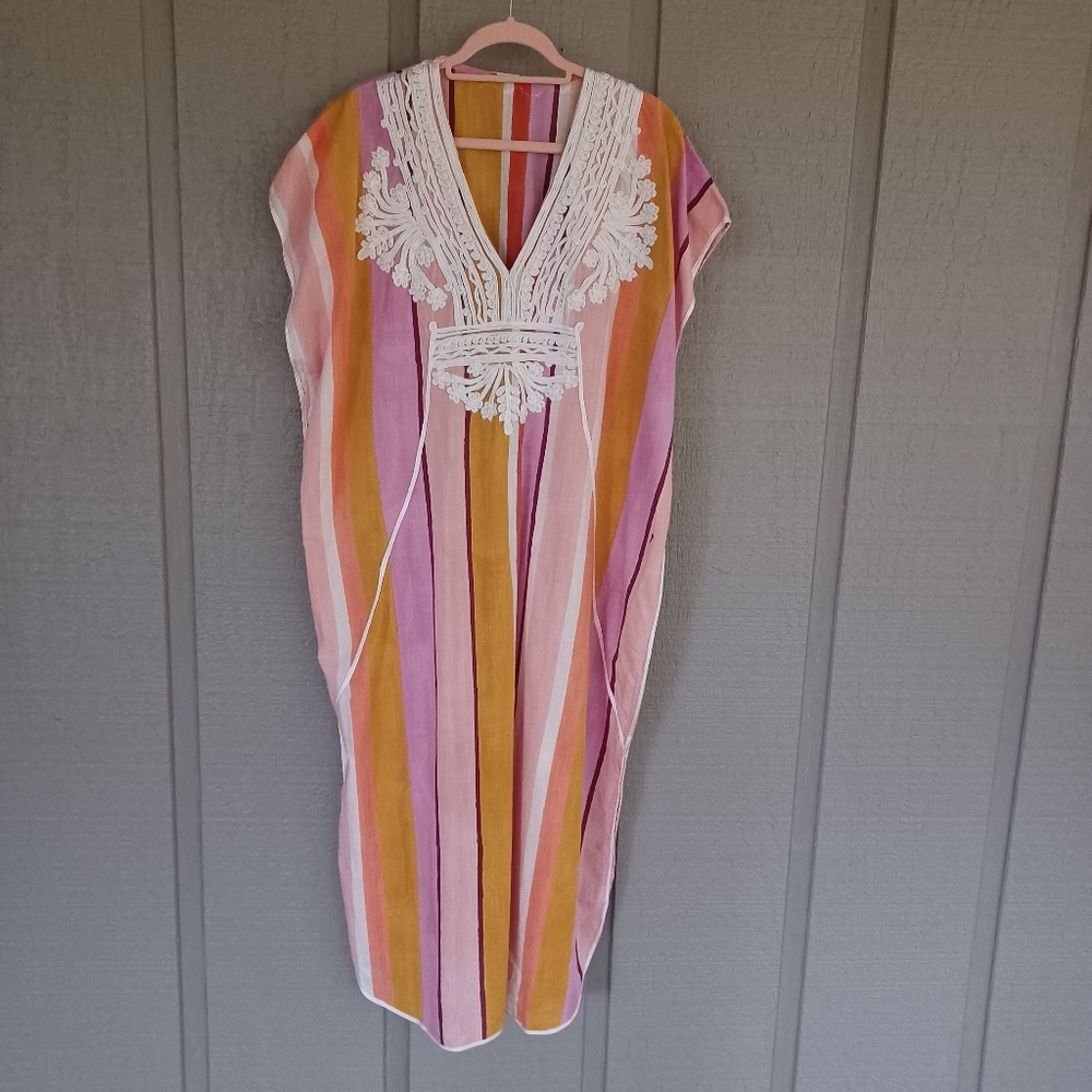 Matta Khajoor Happy Kaftan One Size Women Dress Cotton V Neck Maxi Dress  Boho